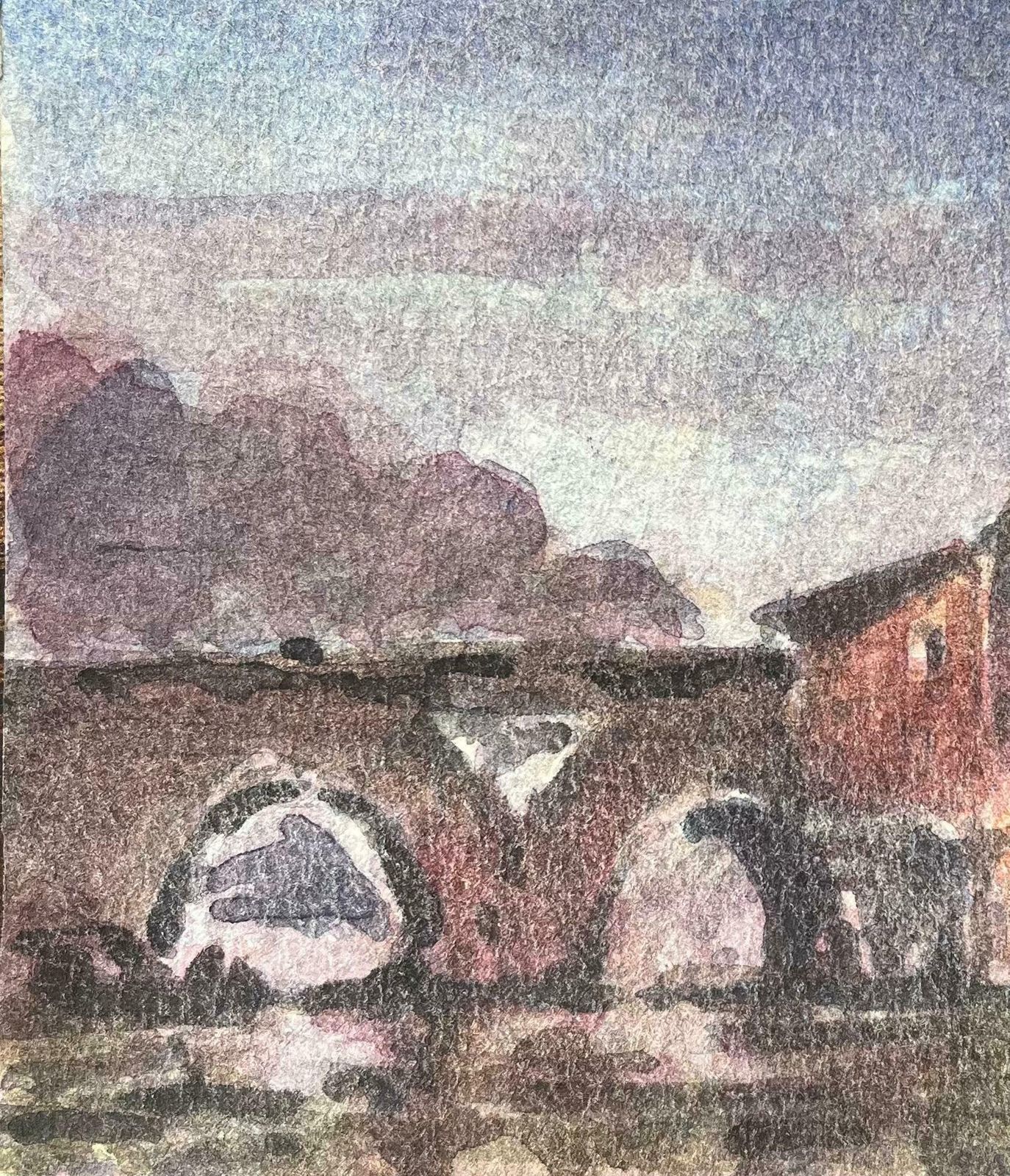 Maurice Mazeiliefrench Impressionist Watercolor Of A Stone Bridge And Riverside Buildings20th Century photo Art