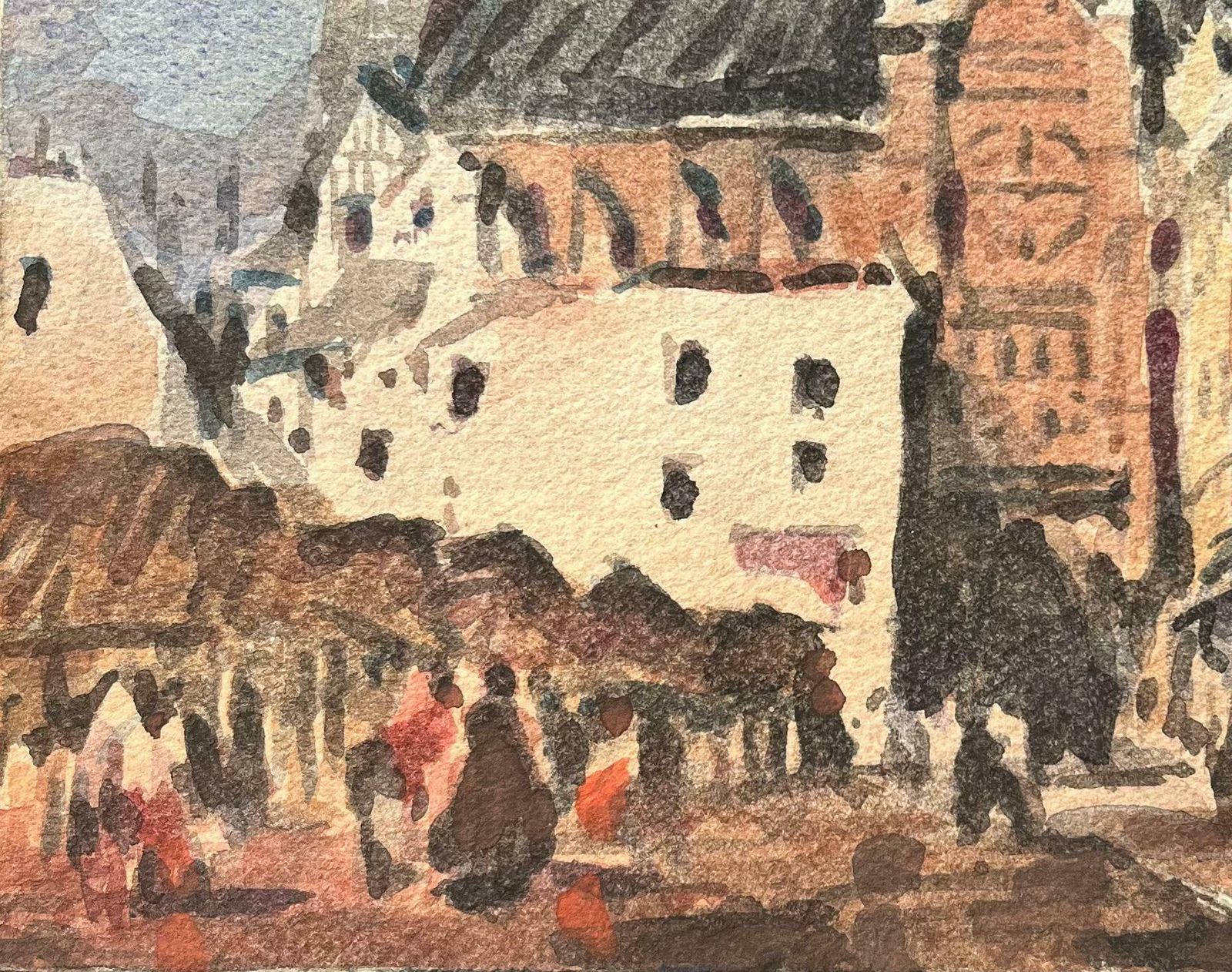 Maurice Mazeiliefrench Impressionist Watercolor Of A Bustling Market Square With Gothic Church20th Century photo Art