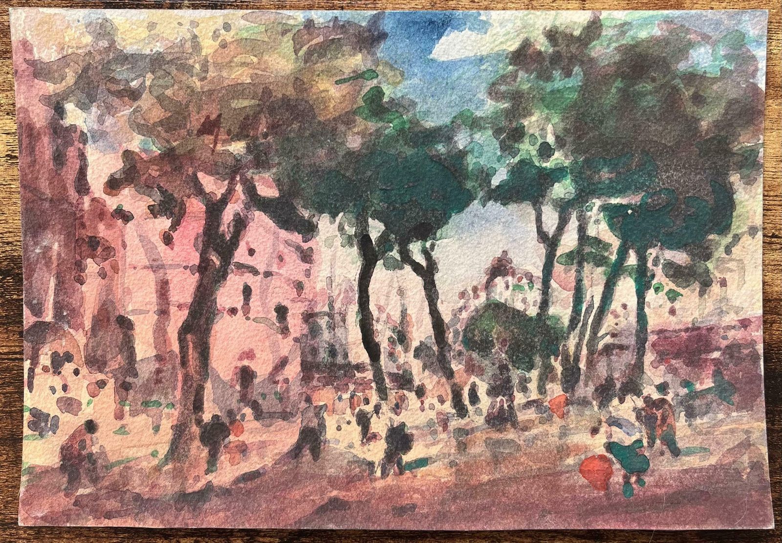 Maurice Mazeiliefrench Impressionist Watercolor Of A Tree Lined Street In A Bustling City20th Century photo furniture