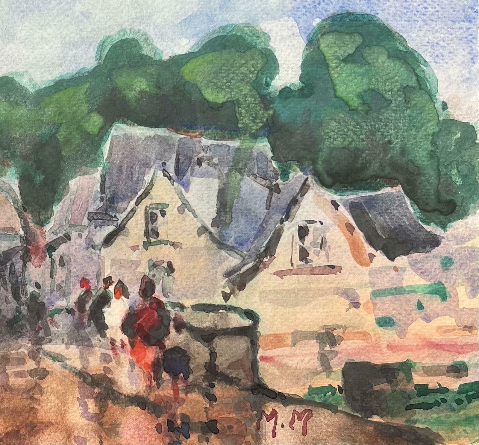 Maurice Mazeiliefrench Impressionist Watercolor Of A Village Scene With Figures And Trees20th Century photo for sale