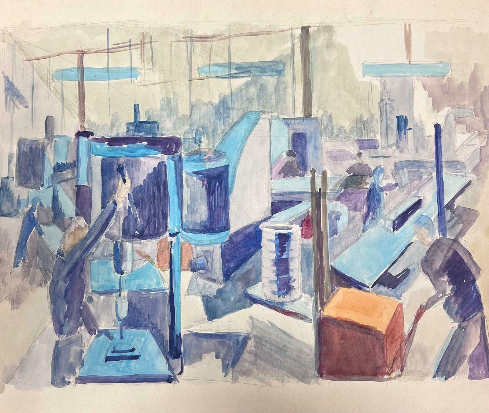 Guy Nicod Mid 20th Century French Painting Figures Working In Factory Post Impressionist photo Art