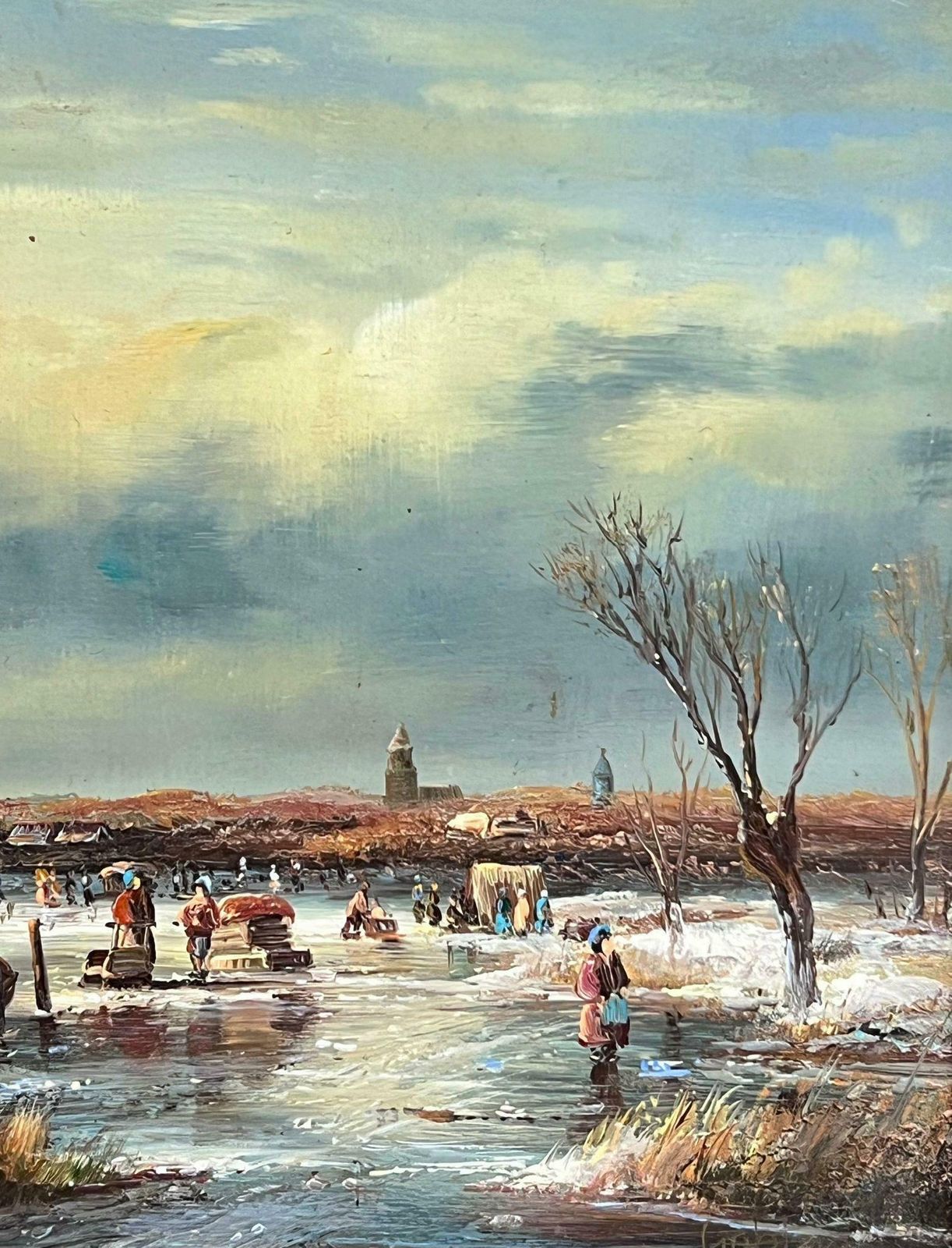 Johnny Gastonfine Dutch Winter Ice Landscape Figures Playing Ice Signed Oil Gilt Swept Frame photo vinterior