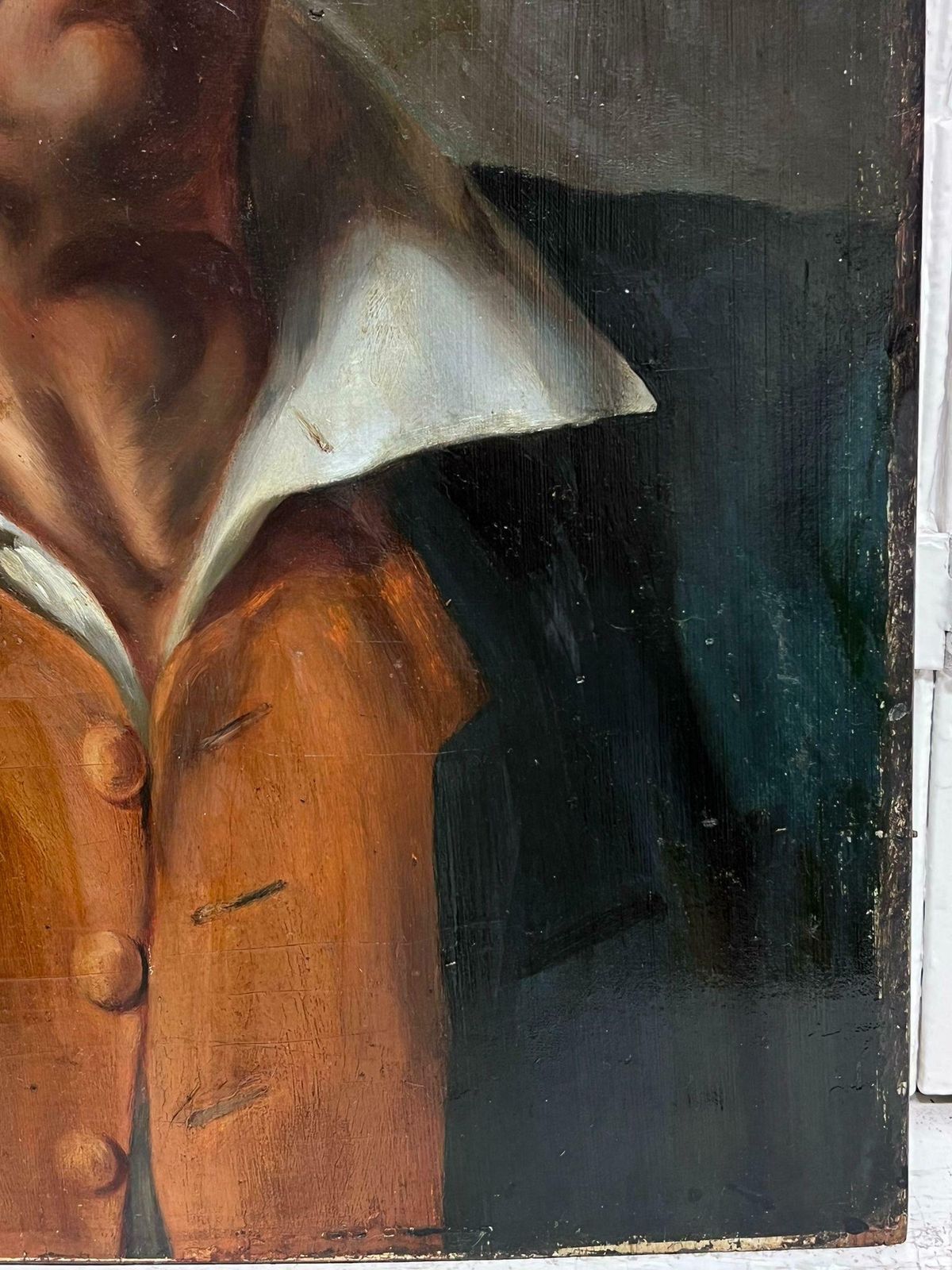 French 1800'slarge 1800's French Oil On Wood Panel Portrait Of A Rugged Dressed Man photo for sale