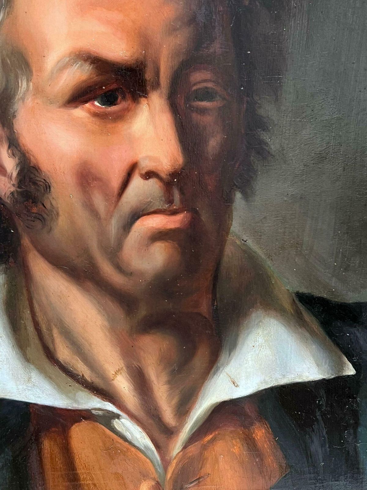French 1800'slarge 1800's French Oil On Wood Panel Portrait Of A Rugged Dressed Man photo Art