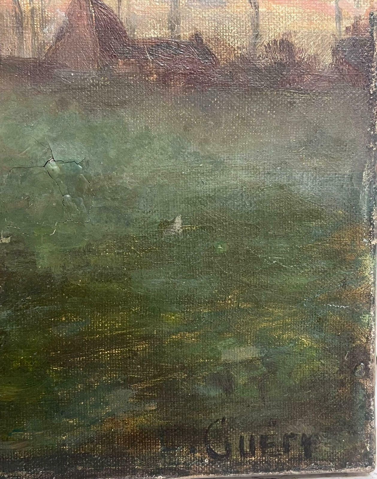 French Impressionistantique French Impressionist Signed Oil Painting Haystacks At Sunset In Field photo Art