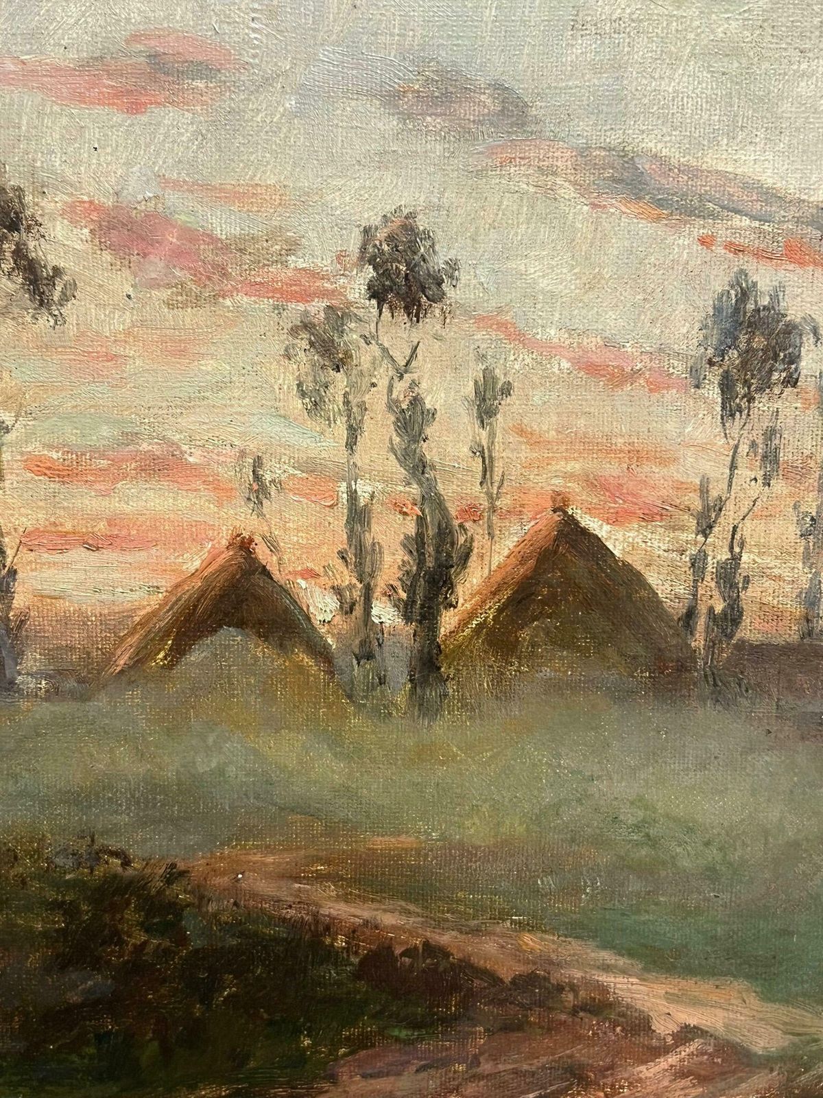 French Impressionistantique French Impressionist Signed Oil Painting Haystacks At Sunset In Field photo vinterior