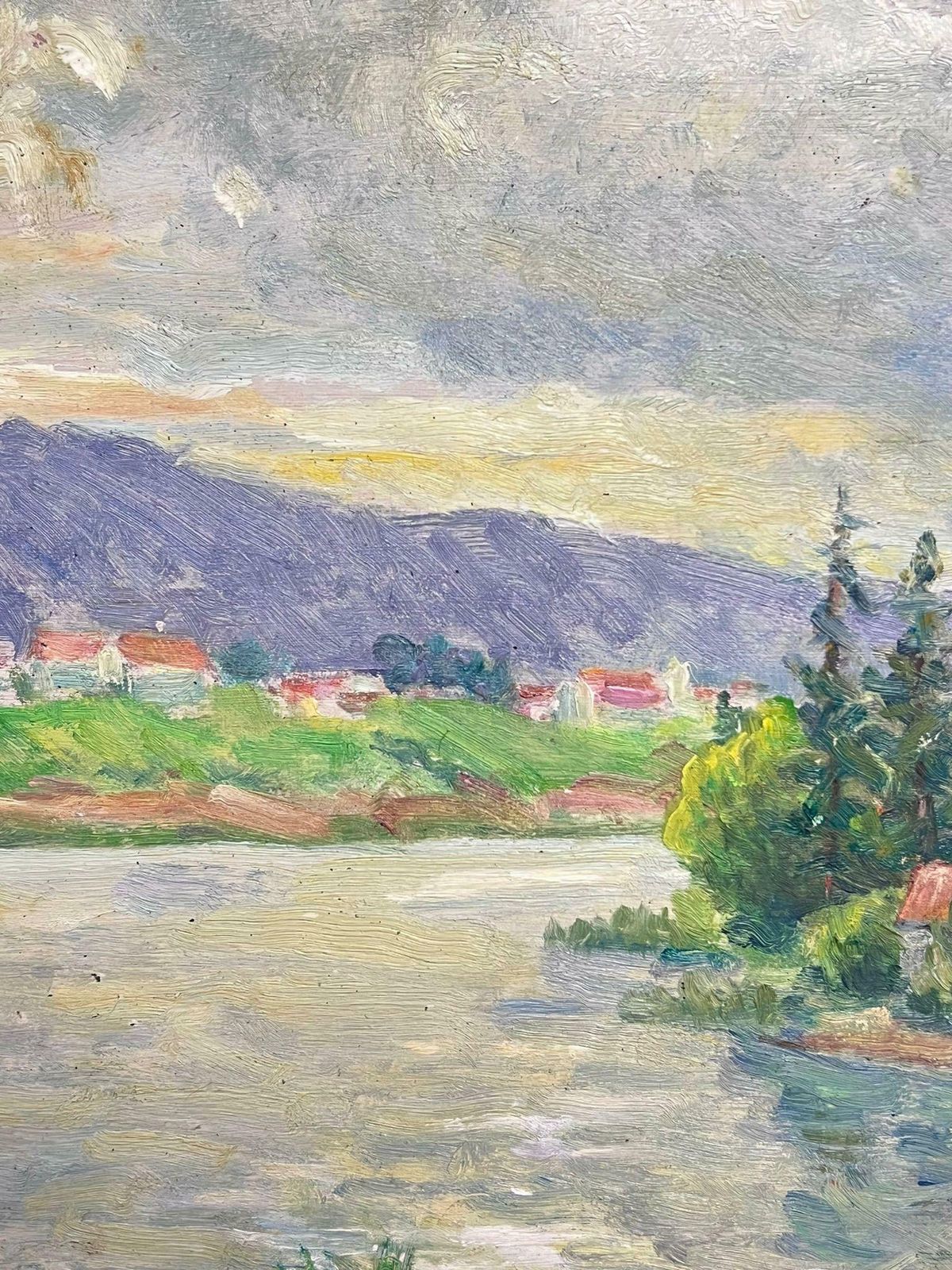 Regine Davidriverside Village With Distant Hills Tranquil Landscape Oil Painting1950's photo for sale
