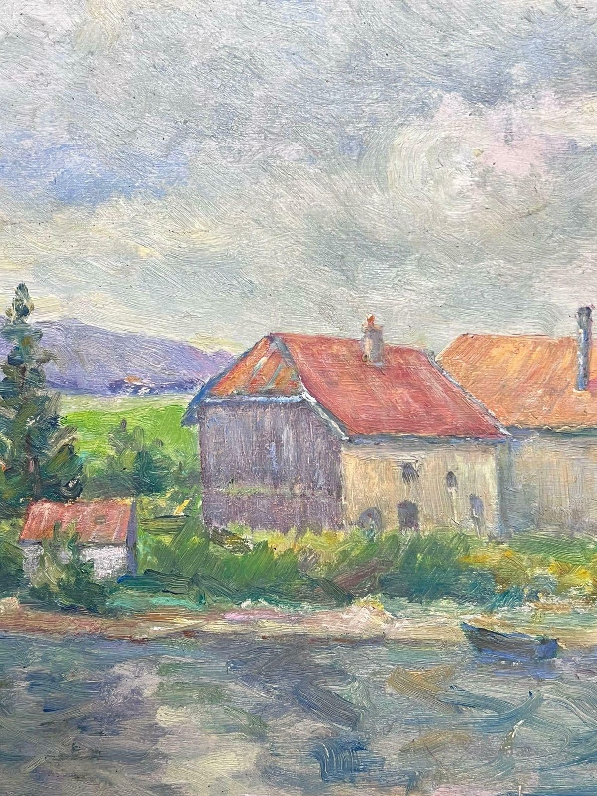 Regine Davidriverside Village With Distant Hills Tranquil Landscape Oil Painting1950's photo Art