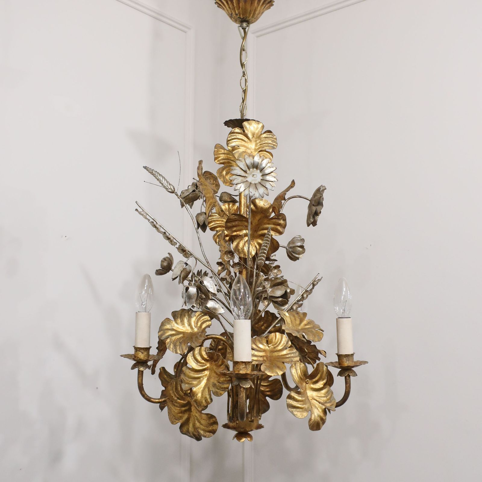 Hollywood Regency Italian Mid Century Gilt And Silver Gilt Metal Floral Chandelier