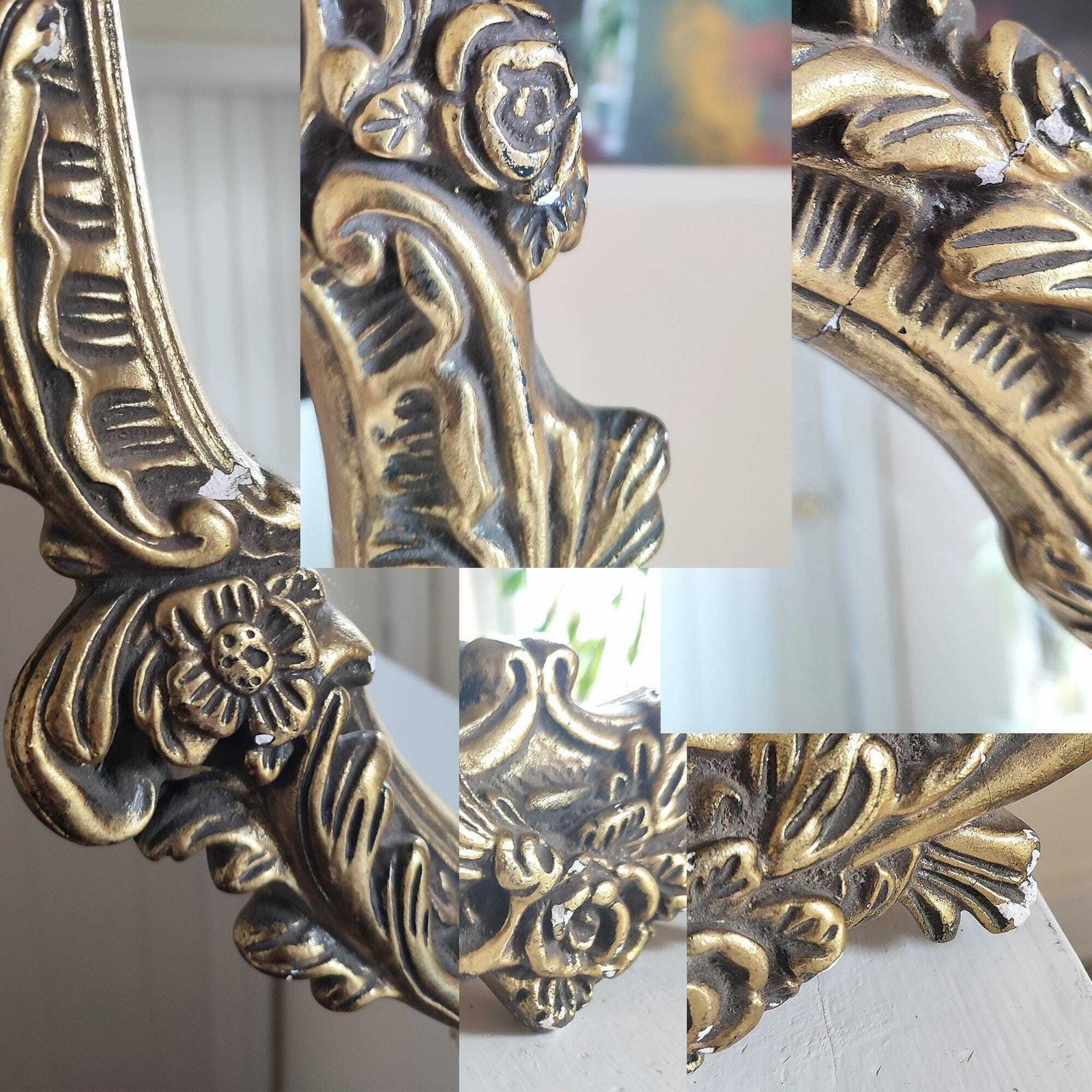 photo furniture 19th Century Ornate Gold Gilt Plaster Wall Mirror Rococo Baroque Oval Floral & Foliage Decorated Gold Frame Old Hollywood Regency 24 X 17.5"