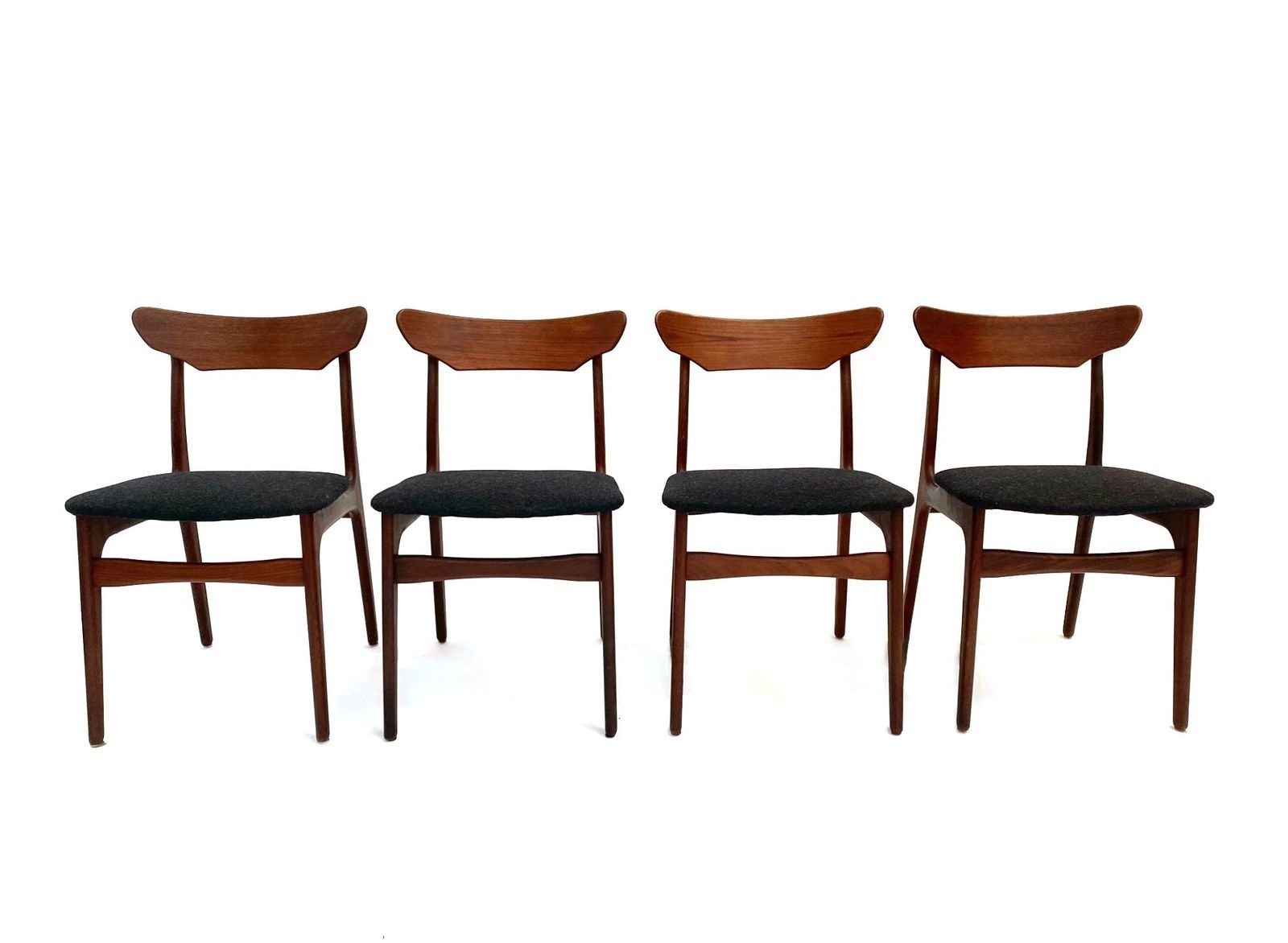 Danish Schiønning & Elgaard Set Of 4 Teak And Charcoal Black Wool Dining Chairs Mid Century 1960s