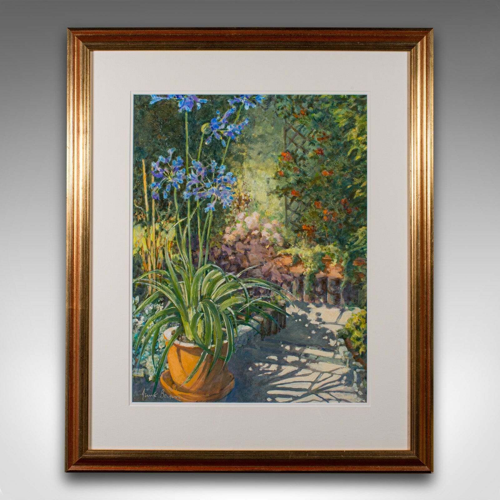 Vintage Garden Painting, English Oil On Board, Glass, Flower Art, Signed, C.1980 photo furniture