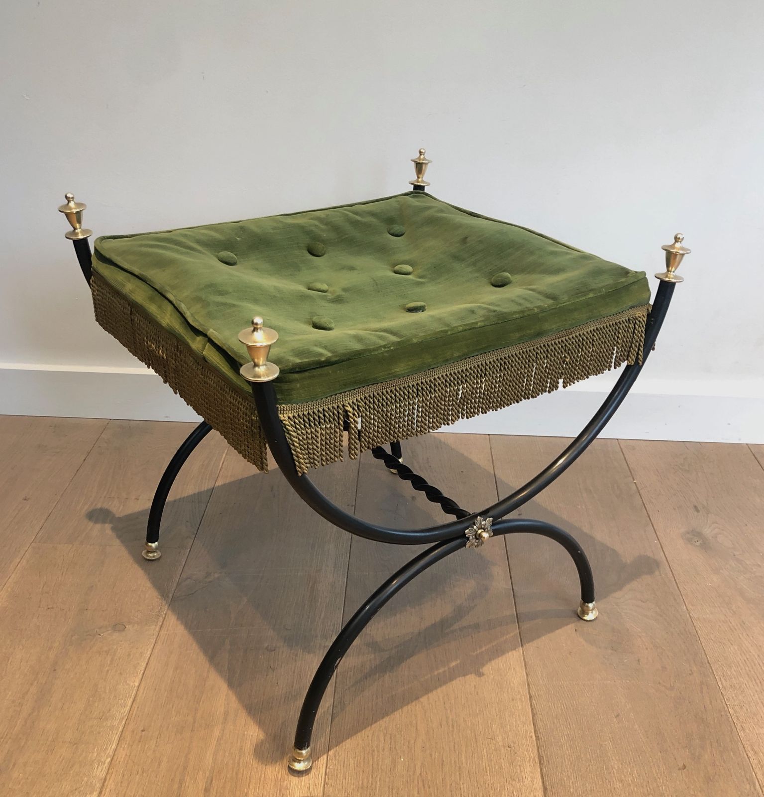 Neoclassical Style Stool In Black Lacquered Metal, Brass And Velvet photo for sale