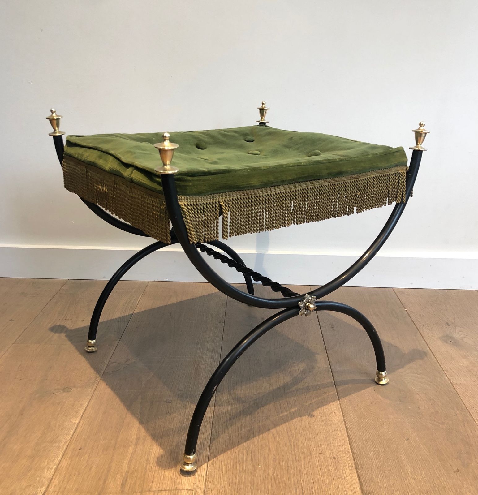 Neoclassical Style Stool In Black Lacquered Metal, Brass And Velvet photo Furniture
