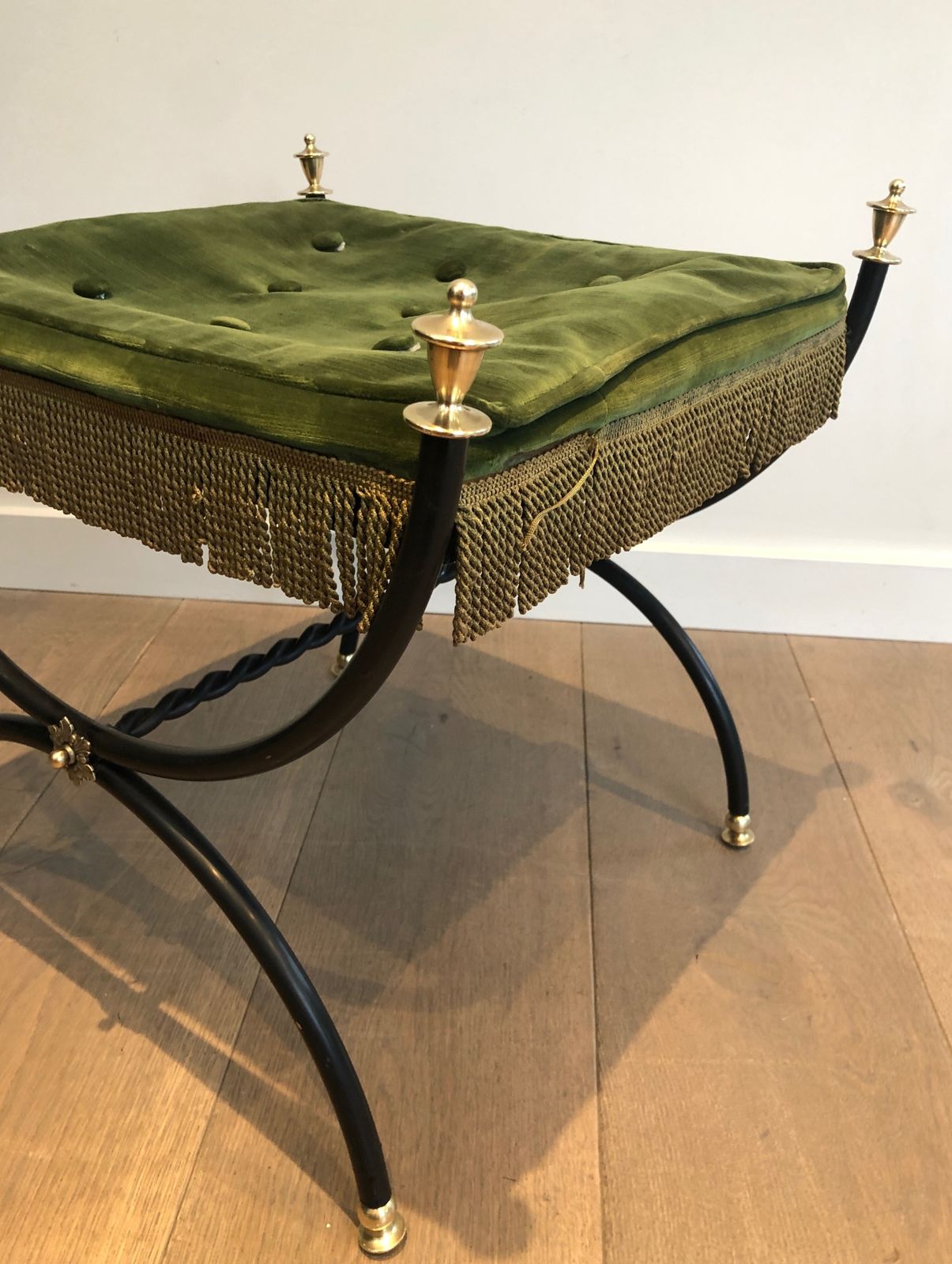 Neoclassical Style Stool In Black Lacquered Metal, Brass And Velvet photo buy