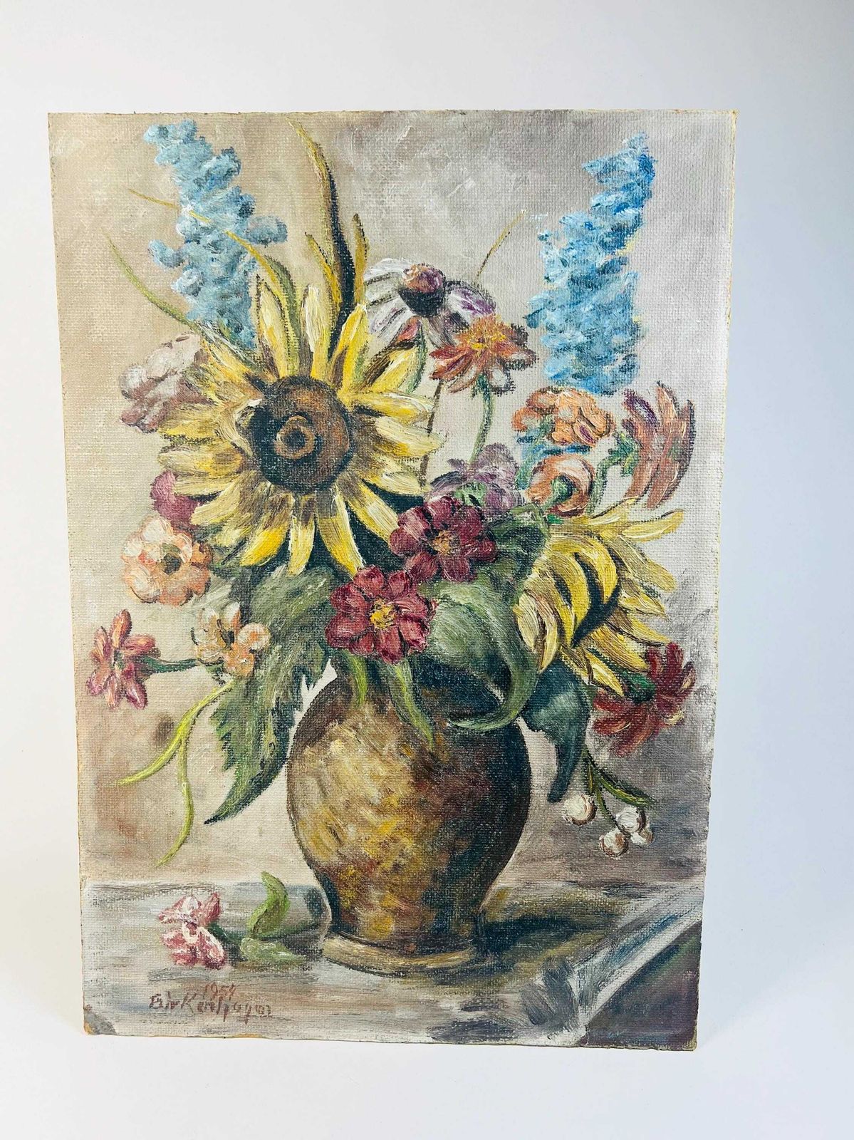 Vintage 1954 Swiss Gothic Floral Oil Painting On Board   Dark Sunflowers & Wildflowers Still Life photo for sale