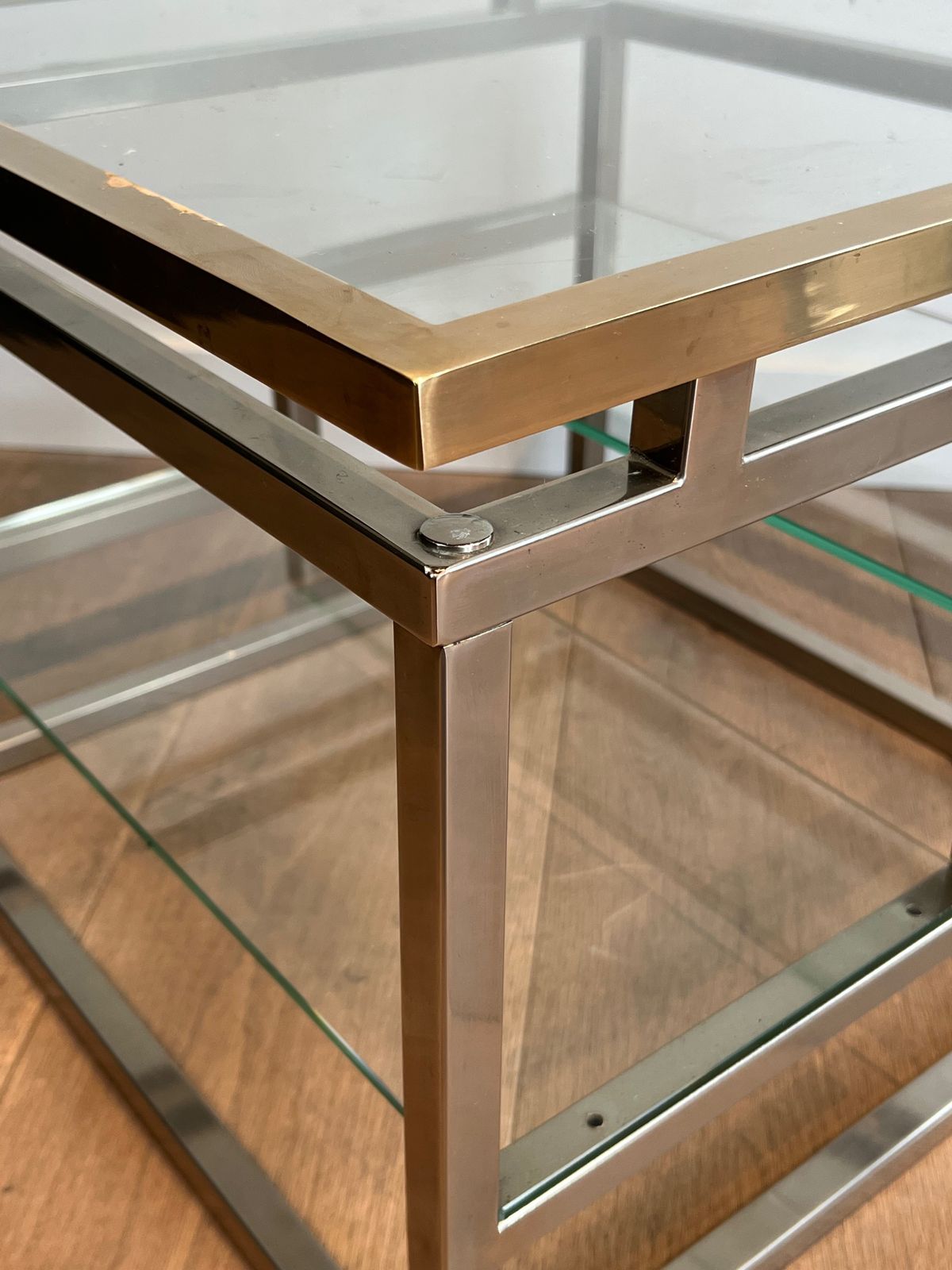 Pair Of Designer Side Tables In Chrome, Brass And Glass Tops photo vintage