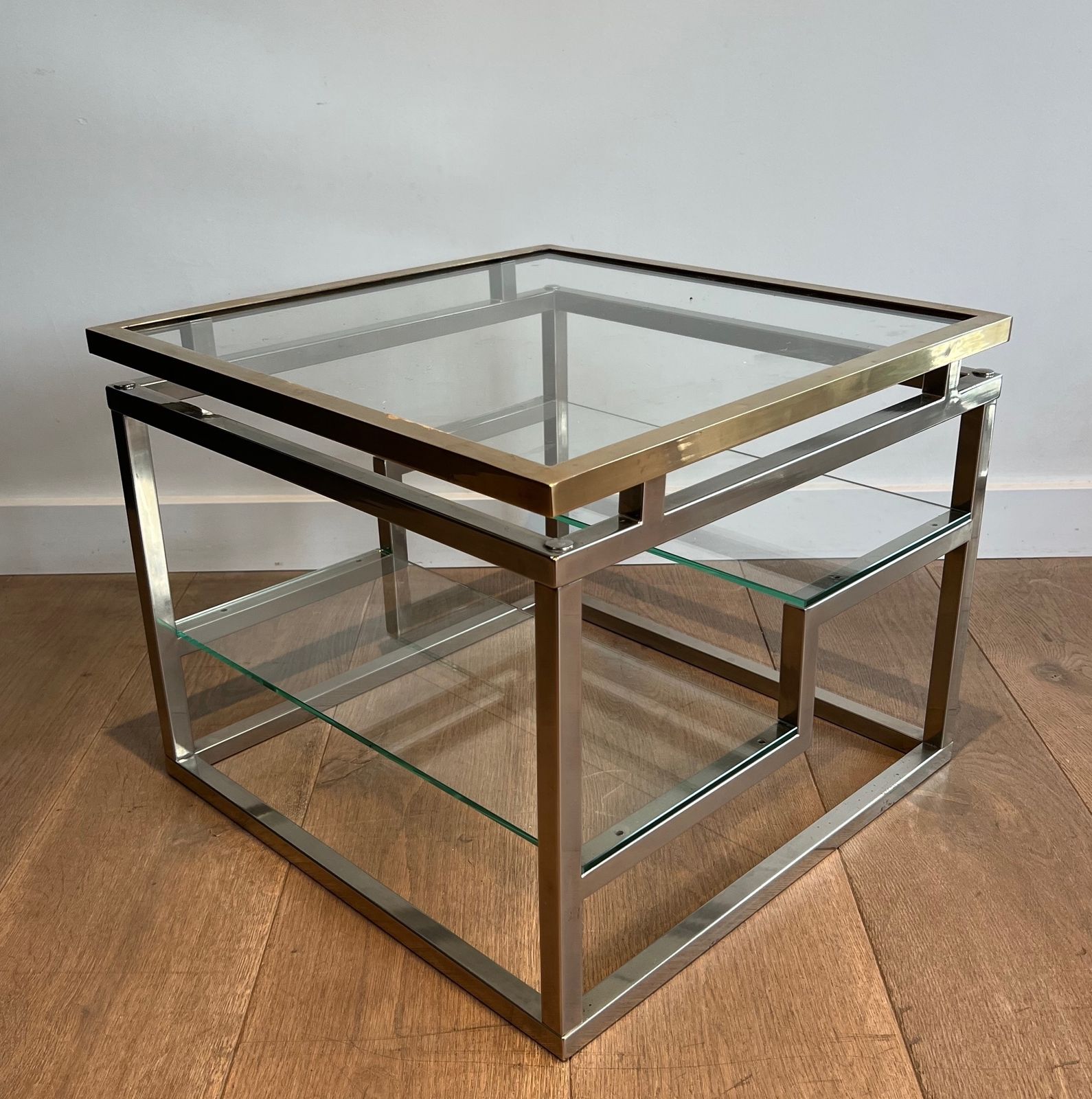 photo buy Pair Of Designer Side Tables In Chrome, Brass And Glass Tops