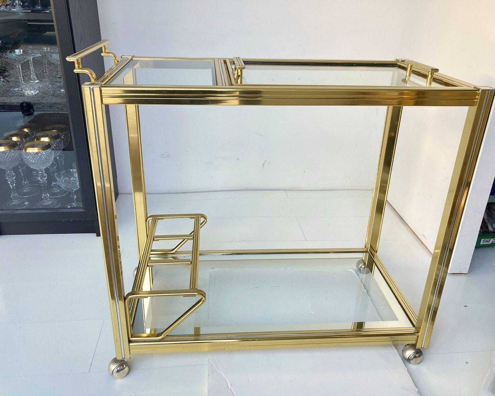 Pierre Vandel Bar Cart | 1pcs | Drinks Trolley | Gold Chrome And Mirror Glass photo vintage