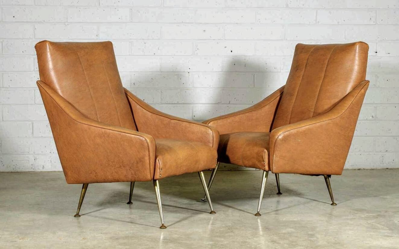 Chic Vintage 1960s Italian Armchairs Tapering Brass Supports  Delivery Available 0174. photo for sale