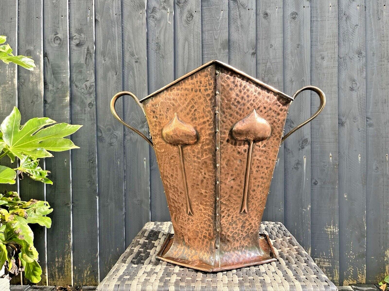 photo for sale Antique Art Nouveau Beaten Copper Brass Riveted Coal Box Scuttle Log Bucket Bin