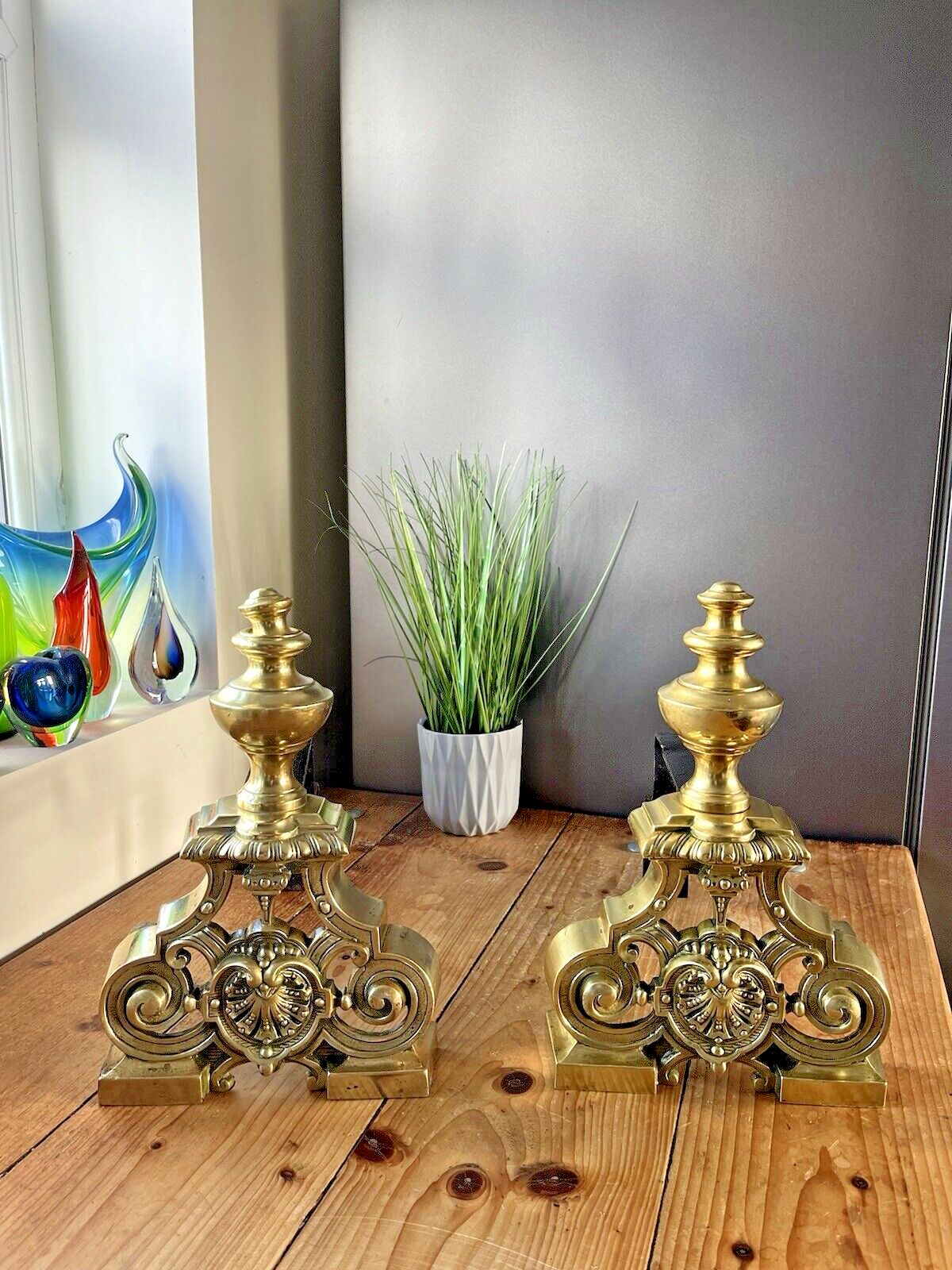 Pair Of Grand Antique Brass Rococo Country House Fireside Fire Dogs Andirons photo furniture