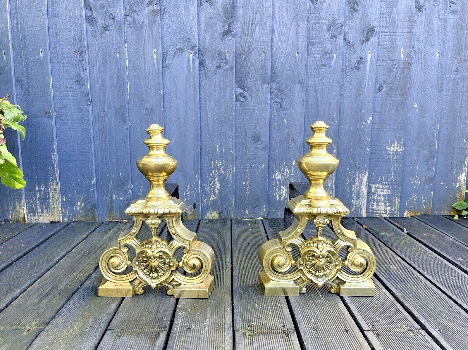 Pair Of Grand Antique Brass Rococo Country House Fireside Fire Dogs Andirons photo Home Fixtures