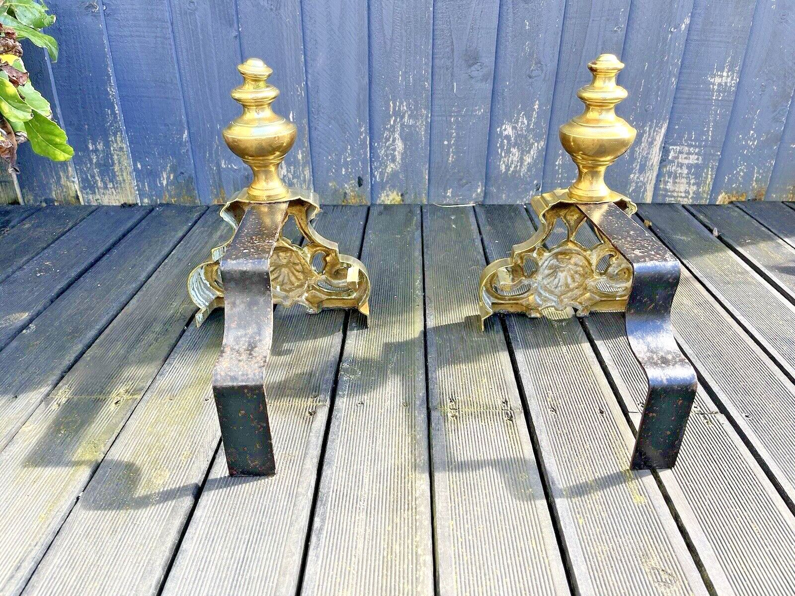 Pair Of Grand Antique Brass Rococo Country House Fireside Fire Dogs Andirons photo buy