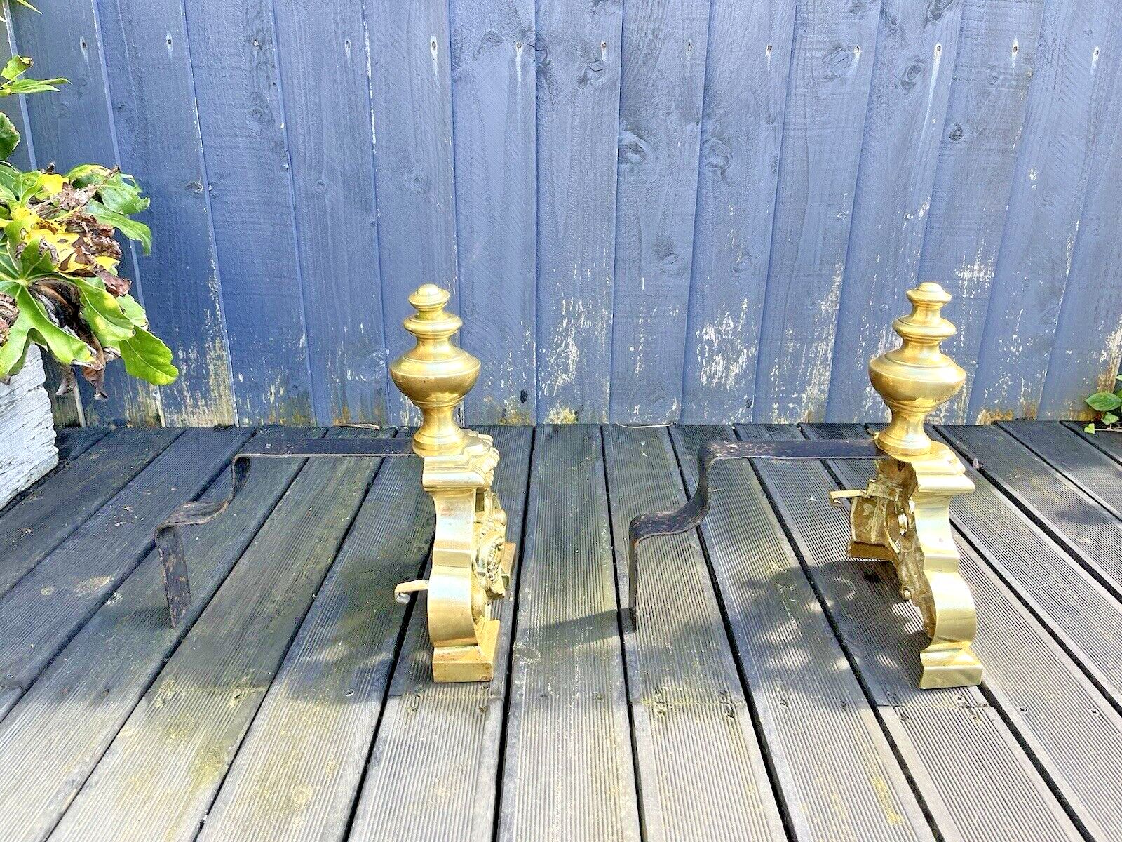 Pair Of Grand Antique Brass Rococo Country House Fireside Fire Dogs Andirons photo vintage