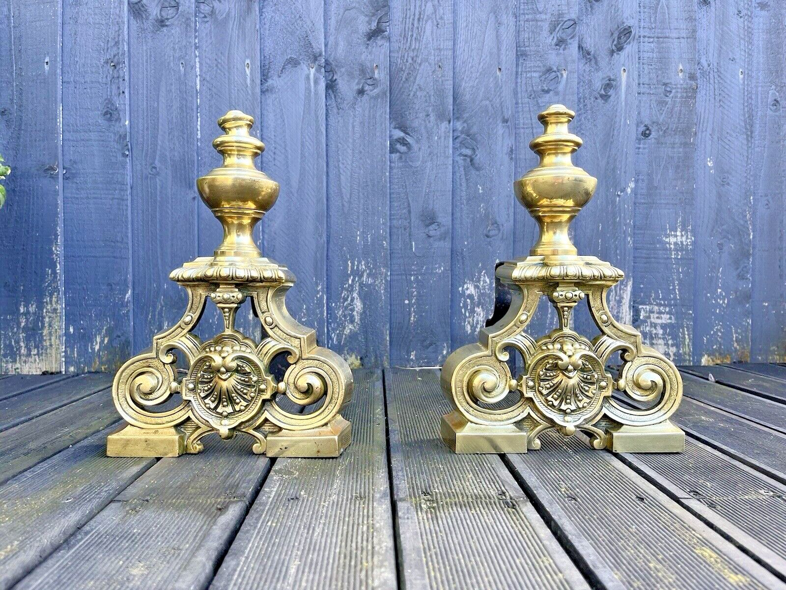 240.0 Pair Of Grand Antique Brass Rococo Country House Fireside Fire Dogs Andirons photo