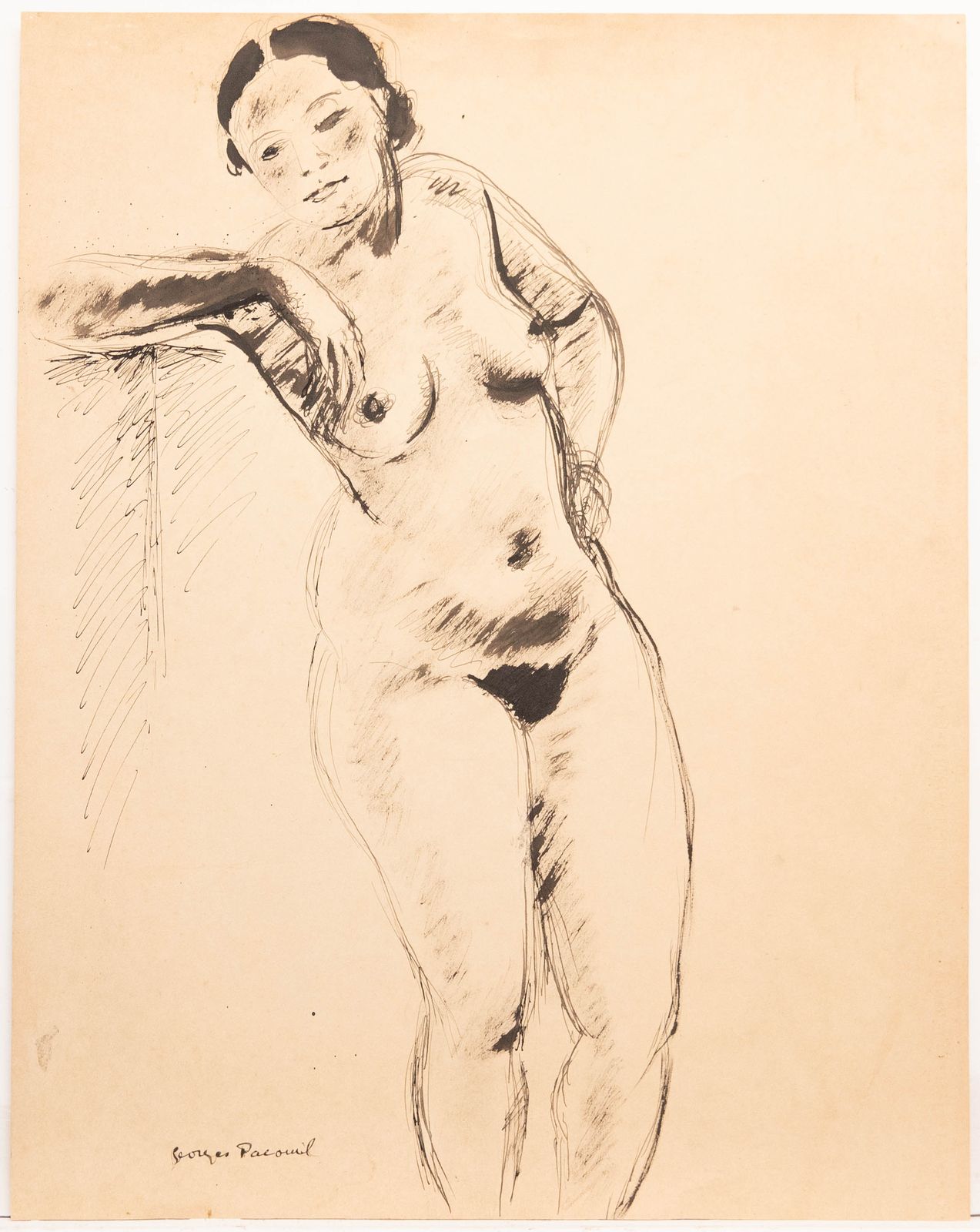 Georges Pacouil (1903 1996) Mid 20th Century India Ink, Reaching Nude photo furniture
