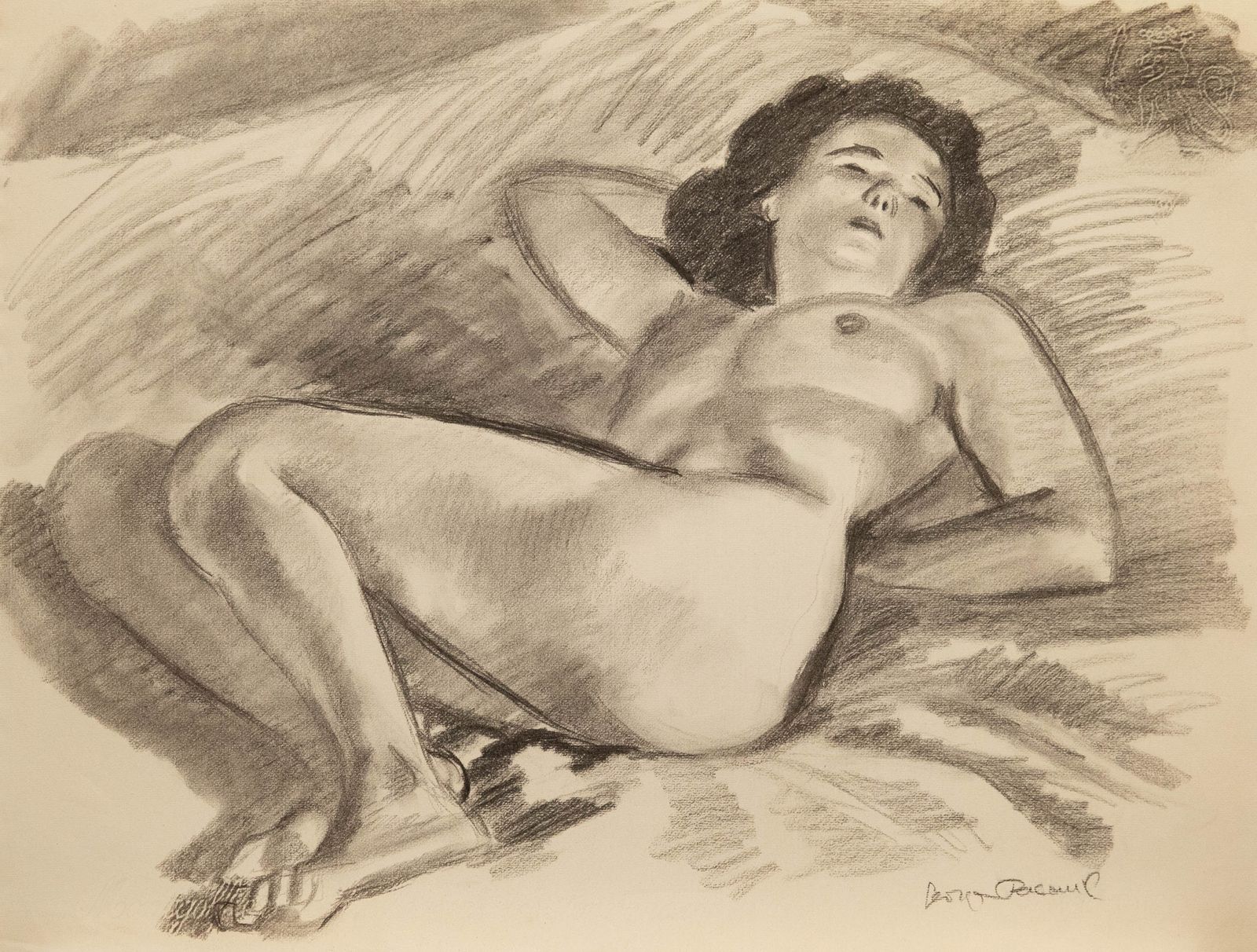 Georges Pacouil (1903 1996) Mid 20th Century Charcoal Drawing, Nude On Bed