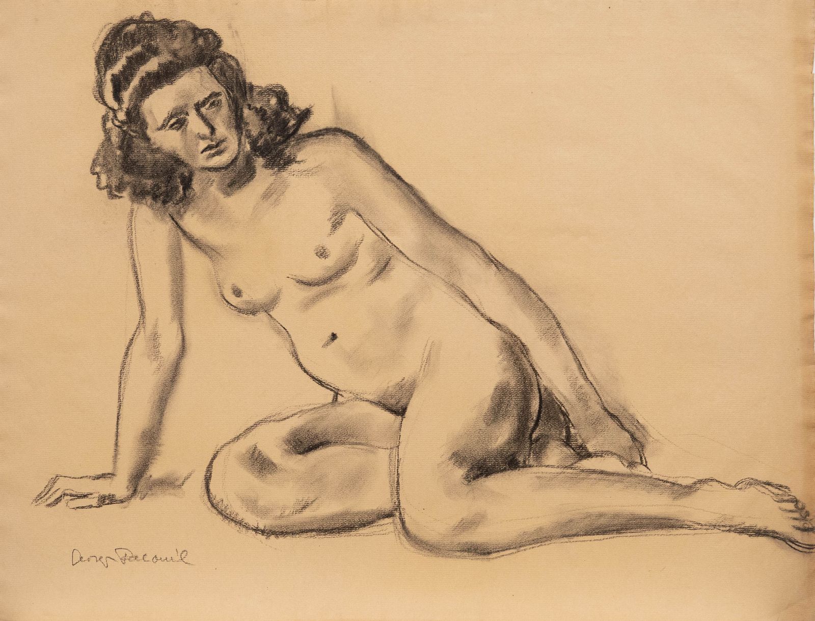 Georges Pacouil (1903 1996) Charcoal Drawing, Leaning Nude II