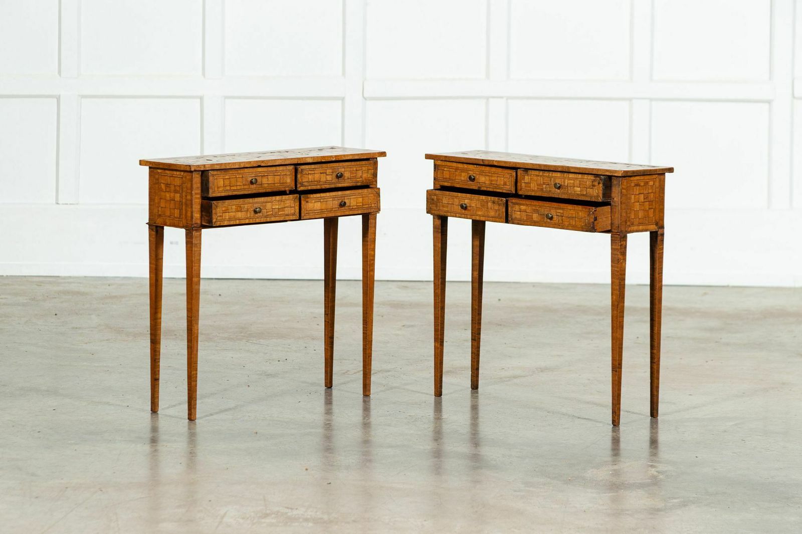 Pair Italian Oak Parquetry Inlaid Four Drawer Side Tables photo for sale