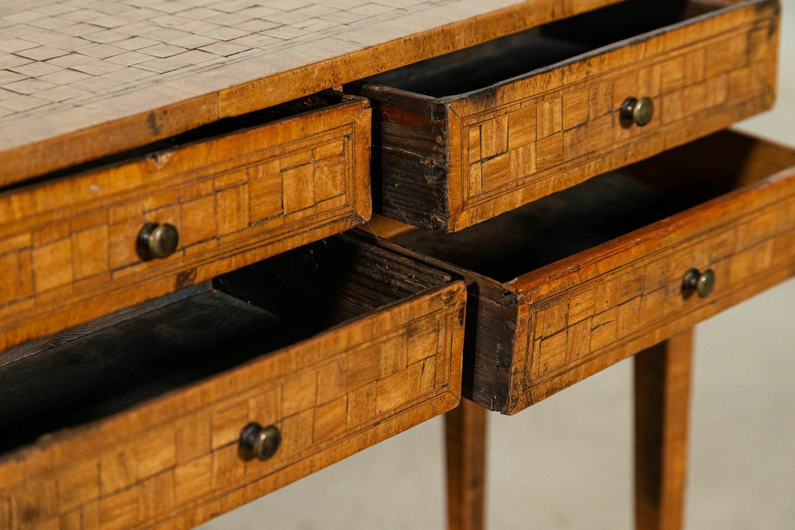 Furniture Pair Italian Oak Parquetry Inlaid Four Drawer Side Tables photo