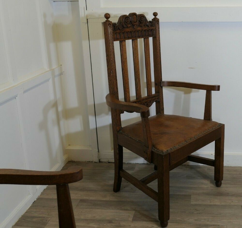 Pair Of Excellent Quality Arts And Crafts Carved Oak Carver Chairs photo for sale