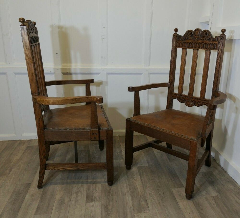 Pair Of Excellent Quality Arts And Crafts Carved Oak Carver Chairs photo Furniture