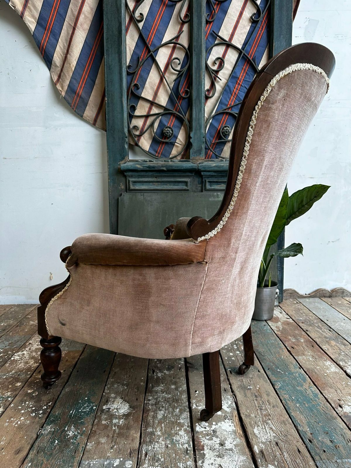 Furniture Beautiful English Velvet Chair W/ Mahogany Frame C.1910 photo