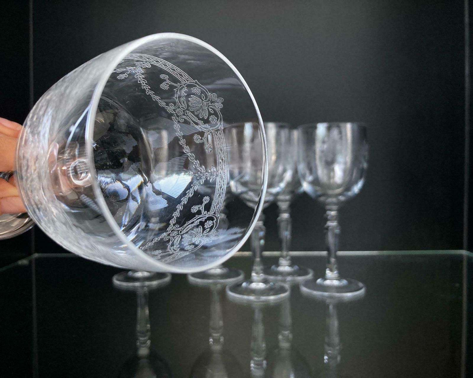 Etched Wine Glasses | 6pcs | French Engraved Patterns photo for sale