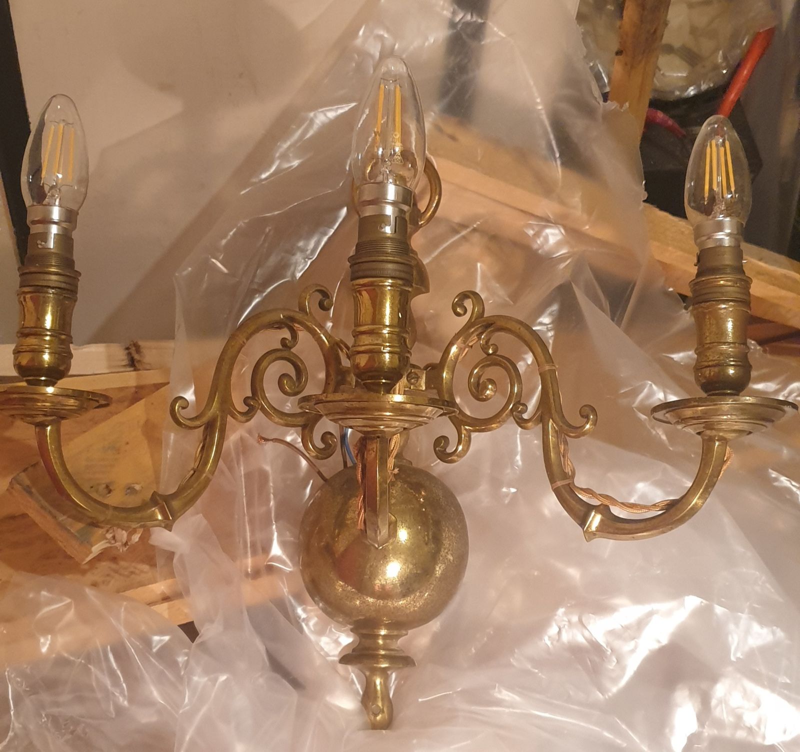 Rare Original Antique 19th Century Large Brass 3 Arm Flemish Wall Light Sconce Converted To Electric