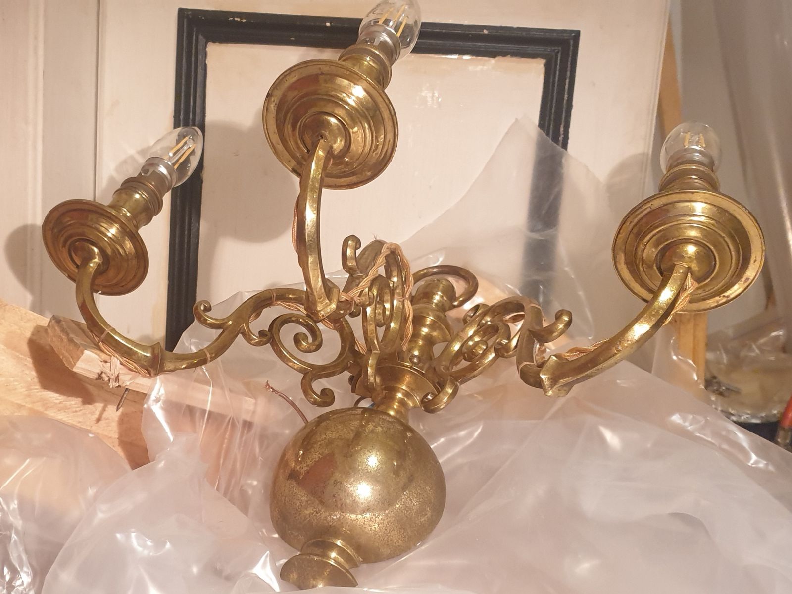 Rare Original Antique 19th Century Large Brass 3 Arm Flemish Wall Light Sconce Converted To Electric photo Lighting