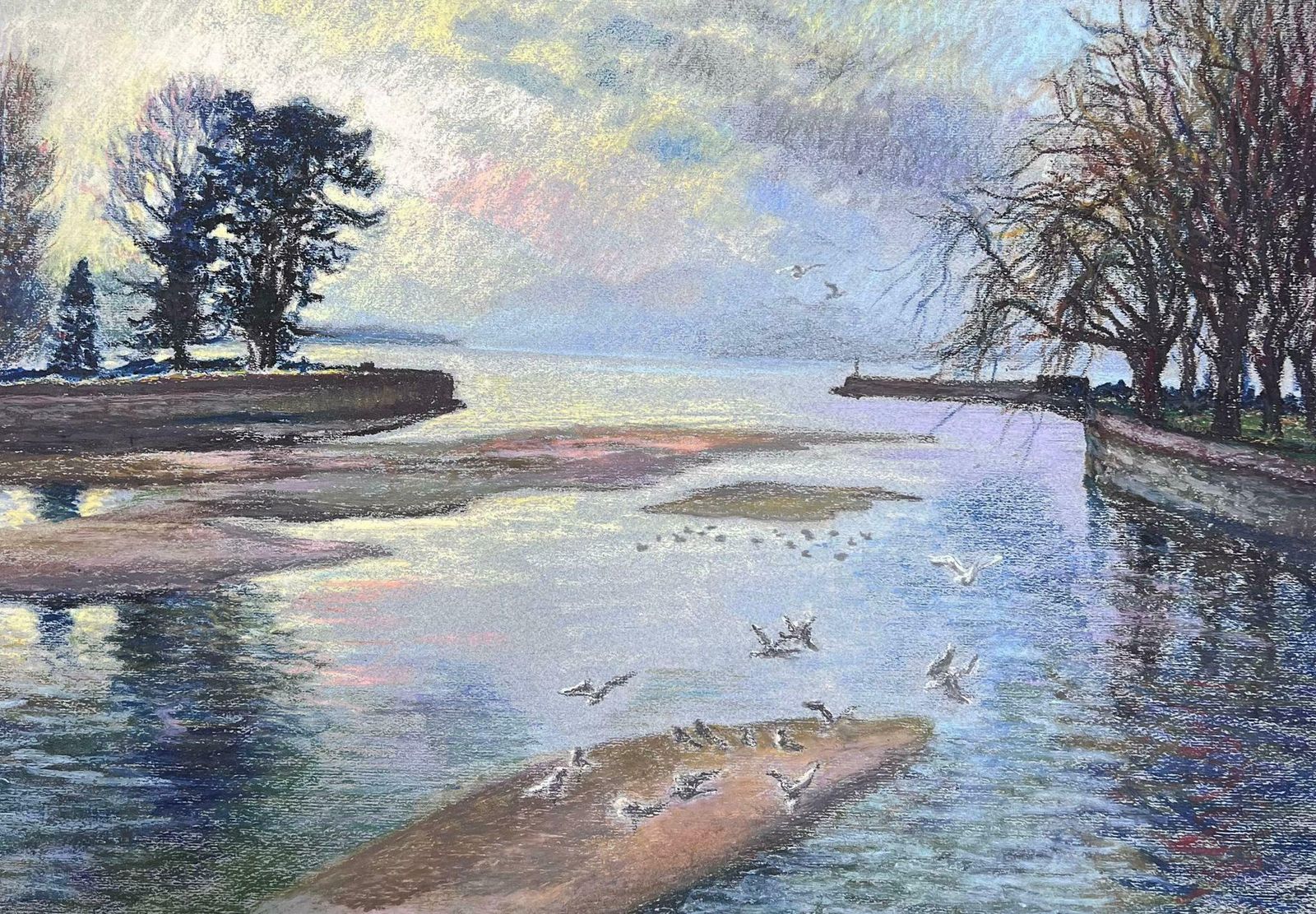 Josine Vignonwhite Birds Flying Over Blue Lakes Large 1970's French Impressionist Pastel 1977