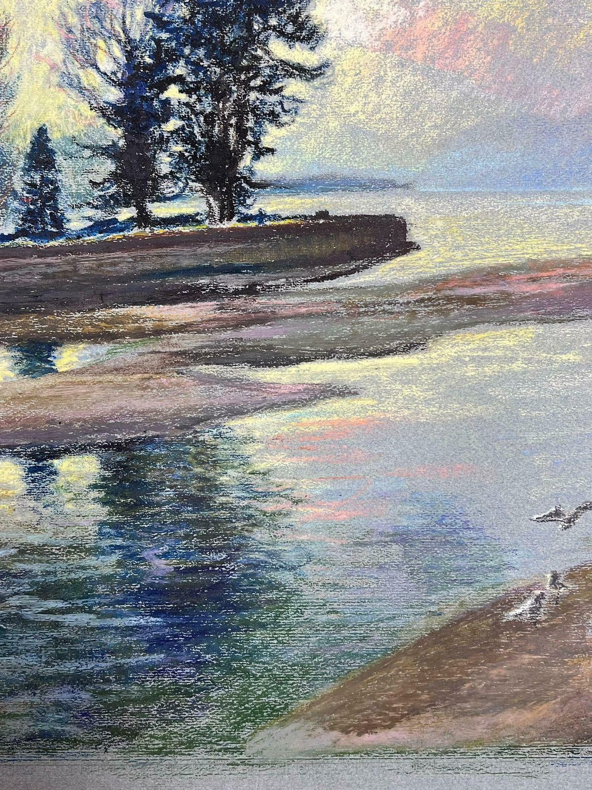 Josine Vignonwhite Birds Flying Over Blue Lakes Large 1970's French Impressionist Pastel 1977 photo furniture