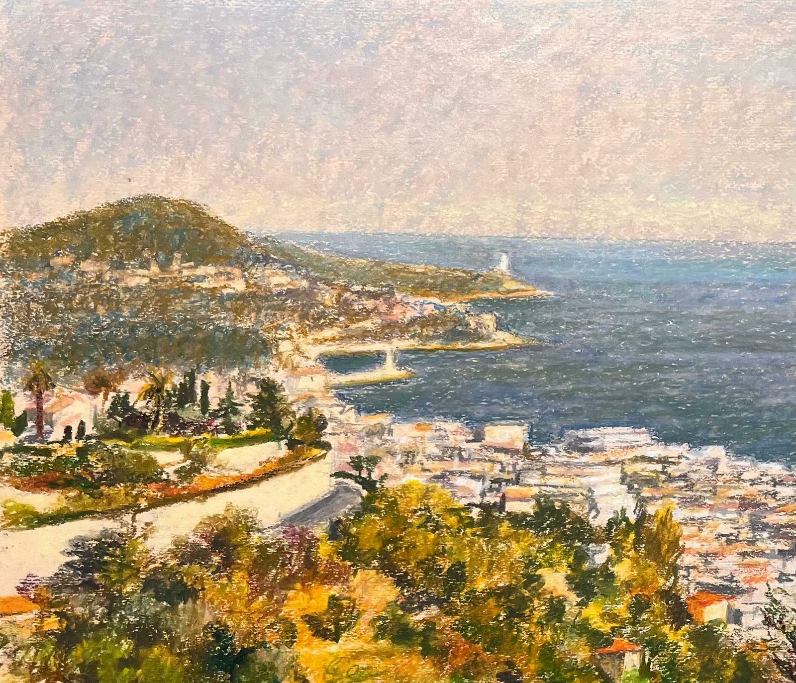 Josine Vignonmid Century French Pastel Drawing Of Sunlit Coastal Town And Calm Blue Sea1950's photo for sale