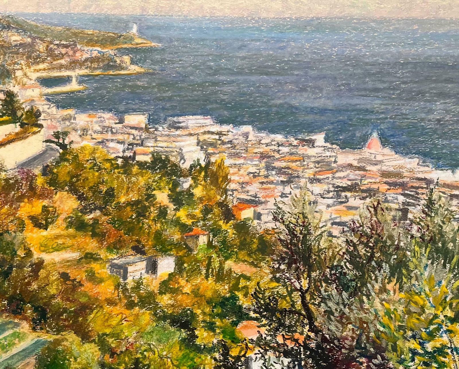 Josine Vignonmid Century French Pastel Drawing Of Sunlit Coastal Town And Calm Blue Sea1950's photo buy