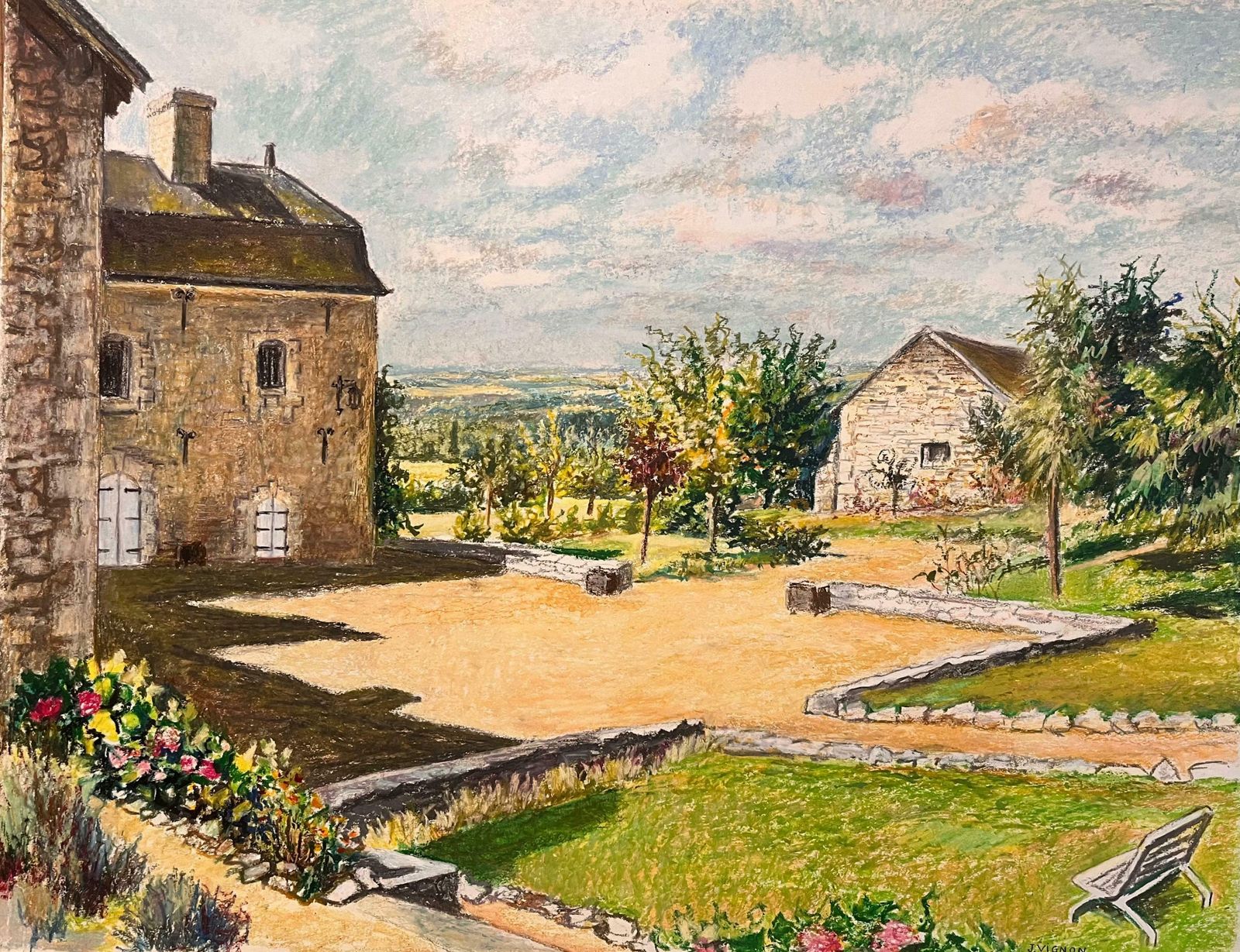 Josine Vignonmid Century French Original Pastel Drawing Of Stone House With Courtyard1950's