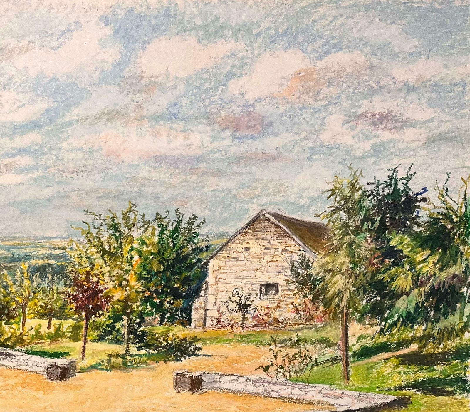 Josine Vignonmid Century French Original Pastel Drawing Of Stone House With Courtyard1950's photo Art