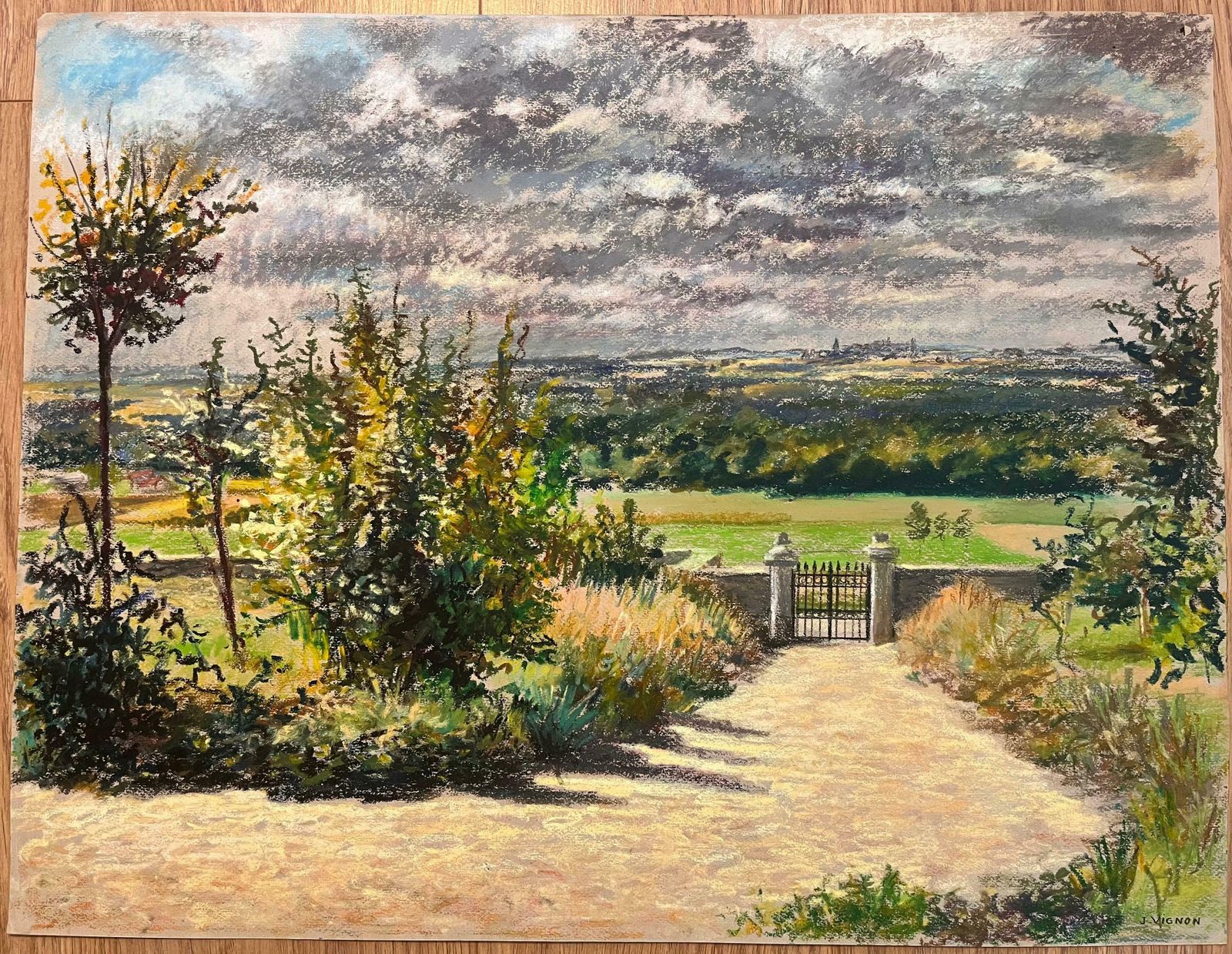 Josine Vignonmid Century French Original Pastel Drawing Of Driveway Gate And Distant Horizon1950's photo furniture