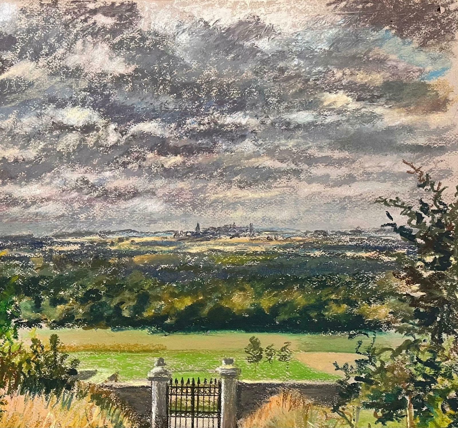 Josine Vignonmid Century French Original Pastel Drawing Of Driveway Gate And Distant Horizon1950's photo Art