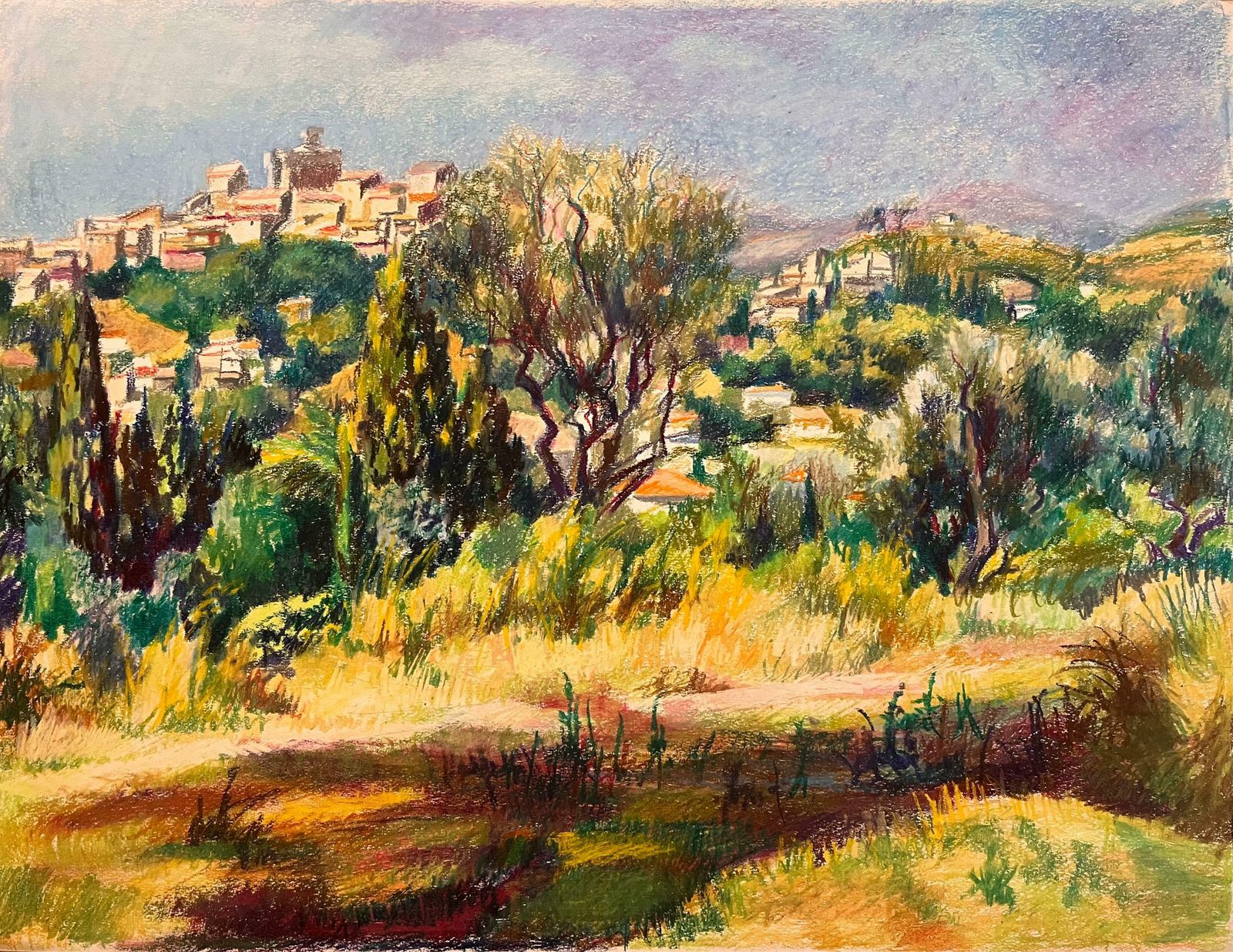 Josine Vignonmid Century French Original Pastel Drawing Of Hilltop View Overlooking Village1950's